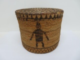 Lovely Native American pine needle woven basket with lid, figures, 10 1/2