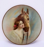 Fantastic tin coffee advertising charger, woman and horse, 16
