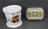 Fraternal Knights of Pythias butcher shaving mug and Monitor Lodge Christmas 1908 paperweight
