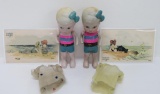 Two cute bisque bathing beauty dolls and reproduced bathing beauty pictures