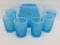 Blue opalescent hobnail pitcher and six glasses