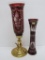 Bohemian style ruby to clear cut, candle holder and vase