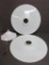 Two large milk glass disc pendant shades and 8