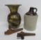 Stoneware jug, spittoon and two wooden spigets