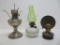 Three antique oil lamps, milk glass, reflector and Aladdin nickel