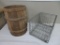 Borden metal milk crate and wooden nail keg