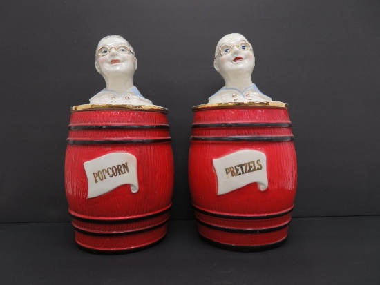 Regal China Old McDonald Pretzel and Popcorn canisters, Grandma lids, 11", #387