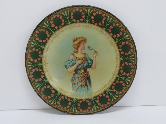 Vienna art plate, tin, woman with flower, 10"