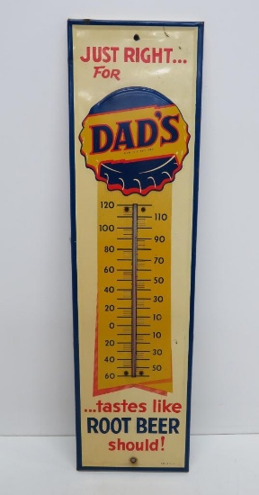 Dad's Rootbeer advertising metal thermometer, Tastes like Root Beer Should, 26 3/4"