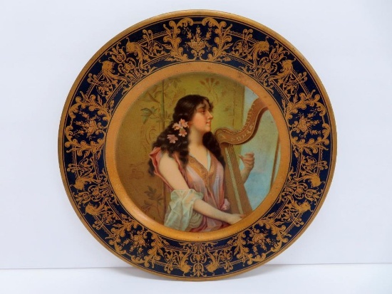 1905 Vienna Art plate, tin, cobalt rim, harpist, 10"