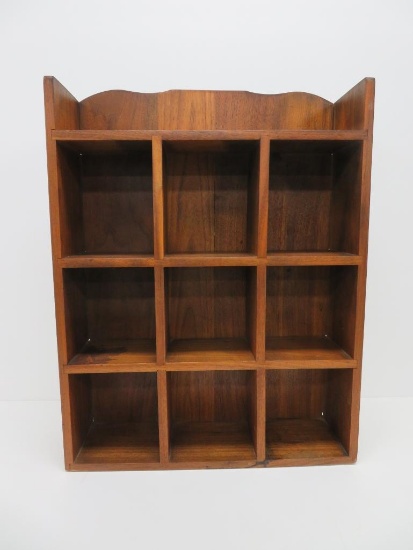 Wall hanging walnut cabinet, cubby hole display, 18" x 24"