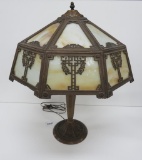 Miller Slag glass table lamp, metal overlay, M L Co 240