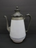 Pewter and enamel coffee pot, white, 11 1/2