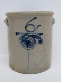 6 gallon cobalt decorated crock, unusual design