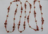 Two strands of vintage paper and beaded garland, red and white, gold beads