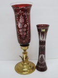 Bohemian style ruby to clear cut, candle holder and vase