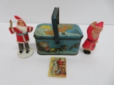 Vintage Christmas lot with two Santas and metal Santa tin