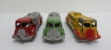 Three Tootsie Toy Gasoline tanker trucks, Sinclair, Texaco and Shell, 5 1/2
