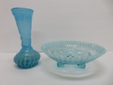 Blue opalescent footed bowl and swirl vase