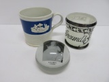 Two mustache cups and paperweight