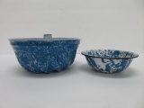 Two graniteware blue swirl enamelware pans, bundt pan and sauce dish