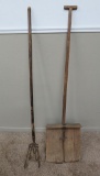 Wooden shovel and long handled tiller