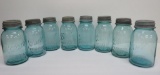 Eight blue Ball jars, quart size, zinc tops