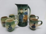 Pottery Dutch themed tavern set with pitcher and five mugs