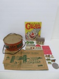 Toy lot, tin drum, farm toy and circus book