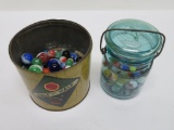 Vintage machine made marble lot with tobacco tin and mason jar