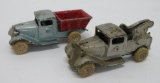Cast iron dump truck and wrecker, attributed to Hubley, 4