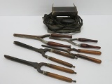 Five vintage curling irons with heater