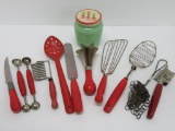 Vintage kitchen lot with red handle utensils and grease jar