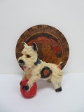Chalkware terrier and Pyrographic novelty plaque, dog and cat picture