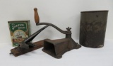 Vintage kitchen items, coffee grinder, nut cracker and tins