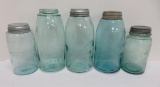 Five Early Ball and Boyd canning jars, quarts and 1/2 gallon