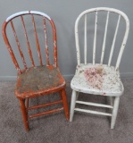 Two wooden bow back chairs, painted, distressed