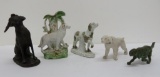 Five dogs figurine lot, metal and porcelain