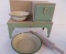 Miniature cream and green bowls and toy stove