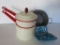 Enamelware lot with double boiler, soap dish and kettle