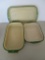 3 Cream and Green enamelware graniteware pans , about 10