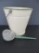 Cream and Green enamelware graniteware pedestal bucket pail with metal dipper