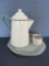 Cream and Green enamelware graniteware coffee pot and mug
