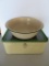 Cream and Green enamelware graniteware bread box and basin bowl