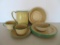 Cream and Green enamelware graniteware dishes, basin and pitcher