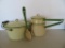 Cream and Green enamelware graniteware covered kettle, double boiler and spoon