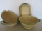 Cream and Green enamelware graniteware, two bowls, strainer and rectangular pan