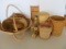 12 assorted baskets and wicker wrapped bottles