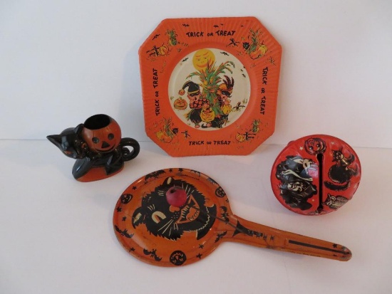 Vintage Halloween items, metal noise makers, plastic candy