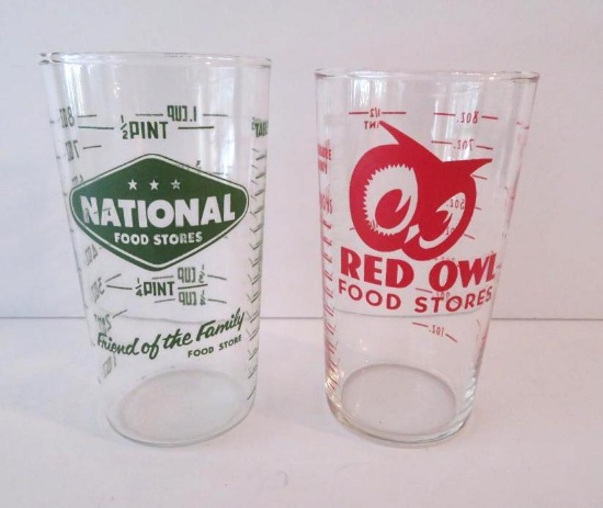 Two 8 oz advertising food store measuring glasses, Red Owl and National Foods